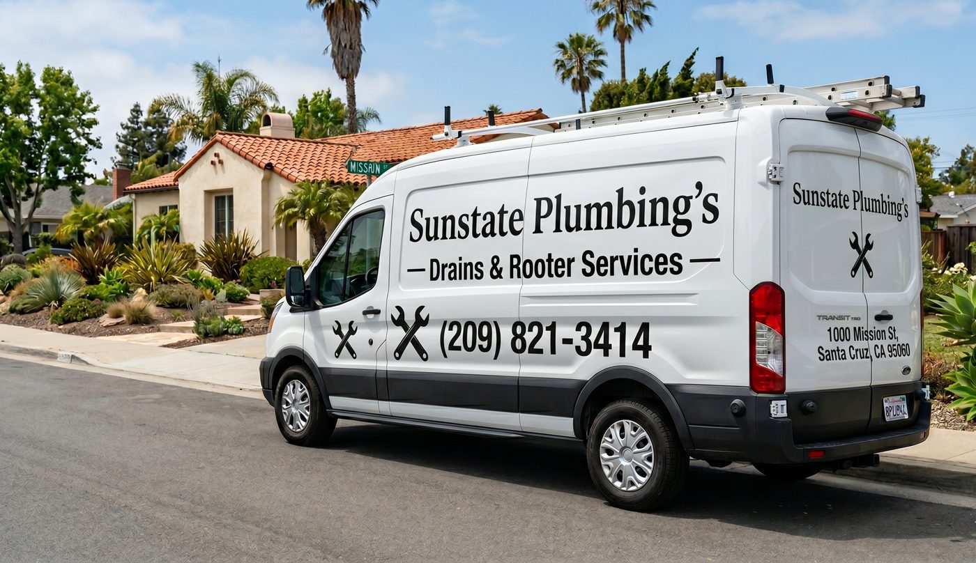 Sunstate Plumbing's service van — Serving Los Angeles, San Diego, Burbank, San Francisco, Sacramento, Oakland, Fresno, Long Beach, San Jose, Anaheim