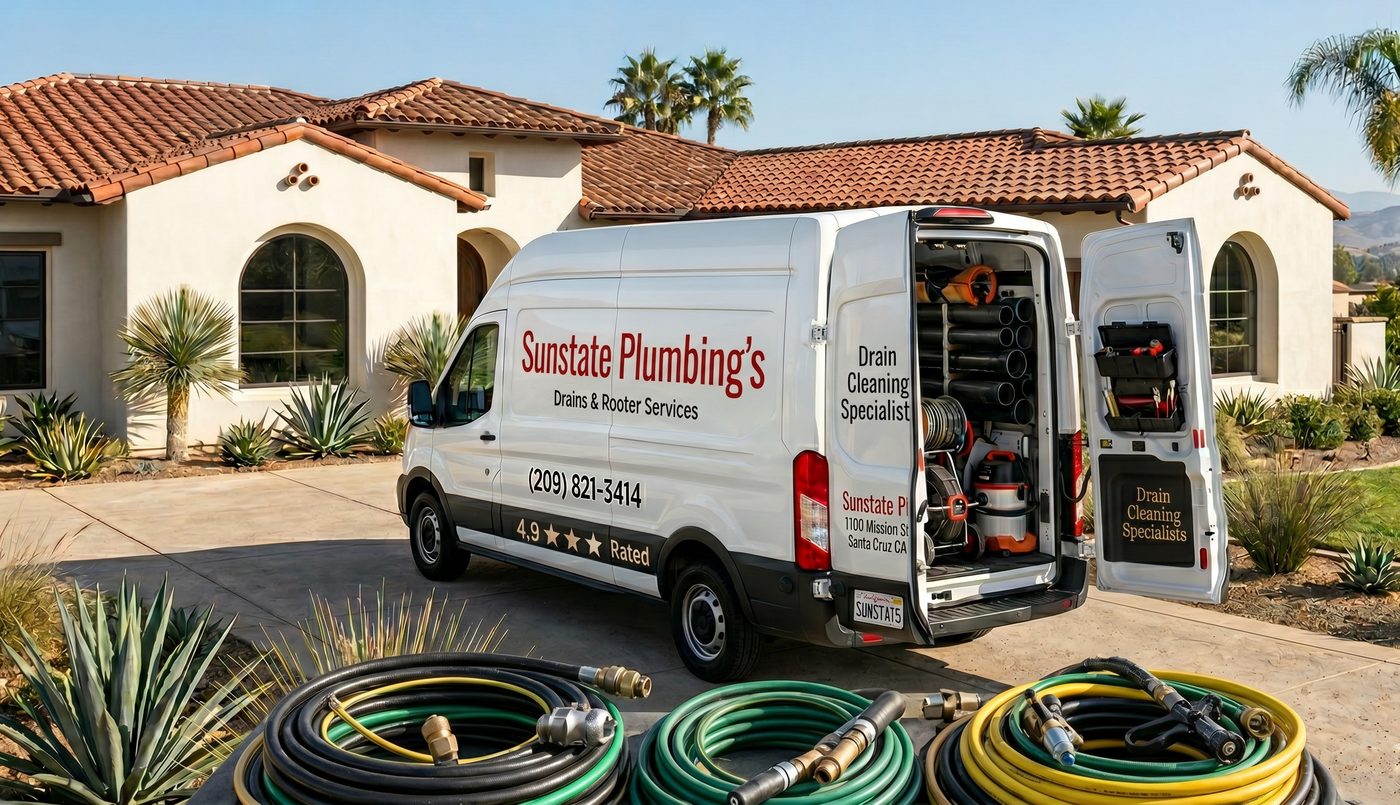 Sunstate Plumbing's professional drain cleaning van and equipment — (209) 821-3414 — 1000 Mission St, Santa Cruz CA 95060