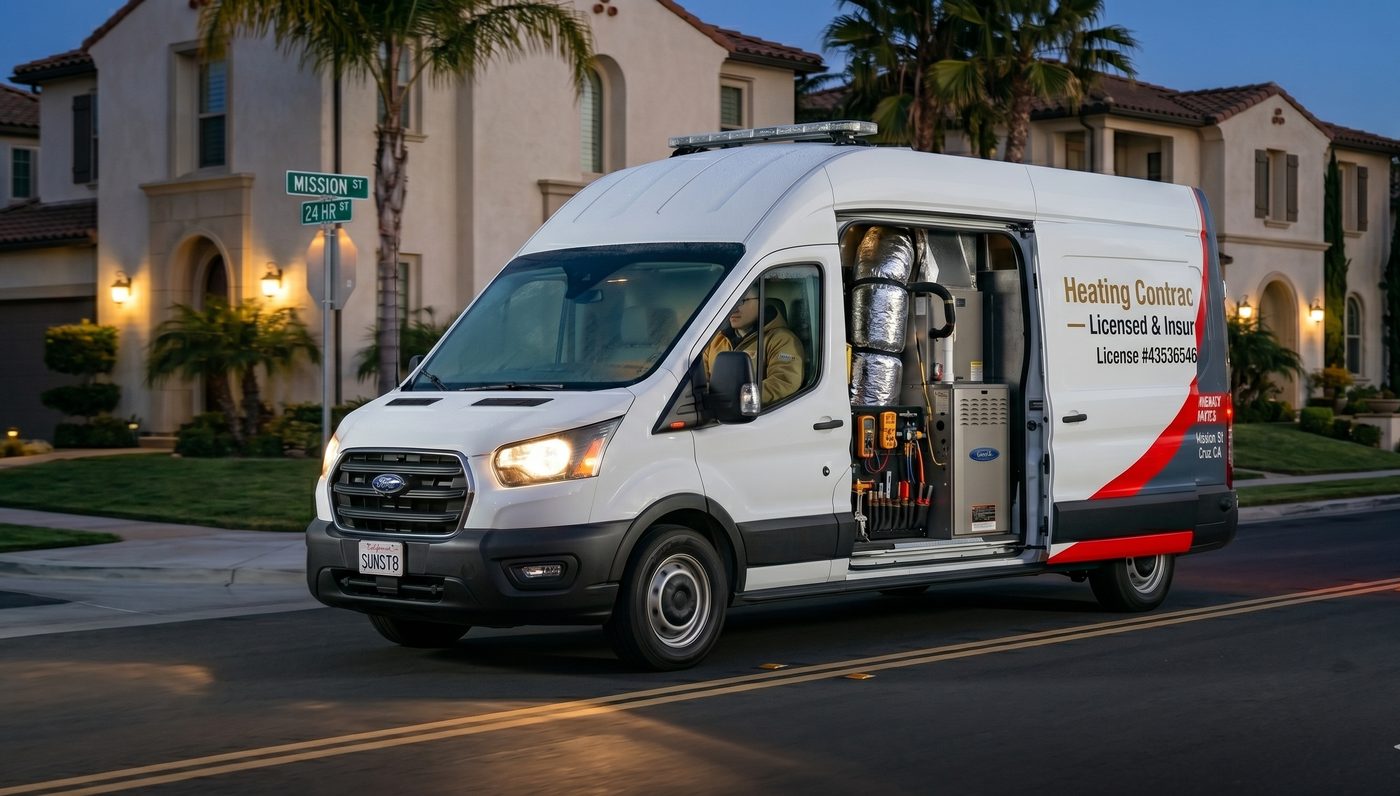 Sunstate Plumbing's heating contractor van — License #43536546 — Licensed & Insured — (209) 821-3414