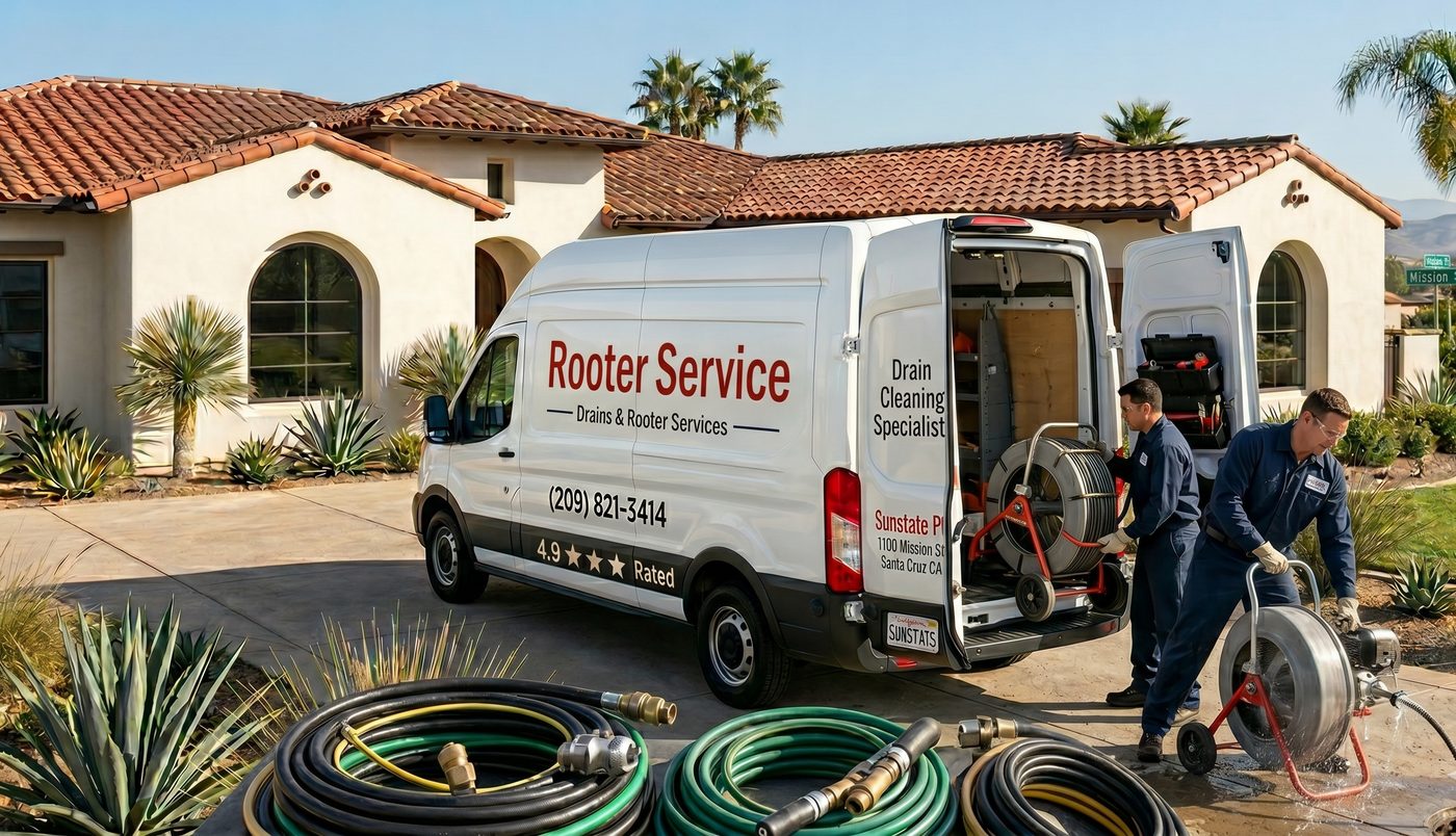 Sunstate Plumbing's rooter service van with drain cleaning equipment — Licensed Rooter Specialist — (209) 821-3414